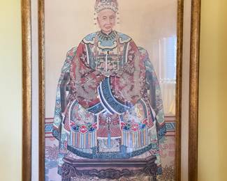 Large gilt wood framed Asia Chinese painting ancestor woman dragon phoenix robe, 24"W x 40"H, was $399, NOW $175