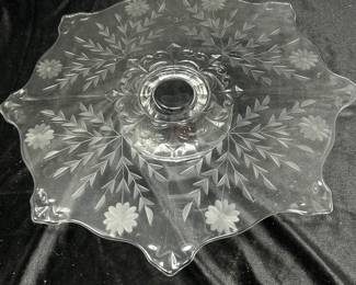 Indian Glass, Etched Short Pedestal Cake Platter Stand, 14"D, was $24, NOW $17