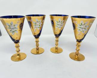 Set of 4 Vintage Italian Murano Cobalt Blue 24K Gold Floral Wine Glasses, 6", $115