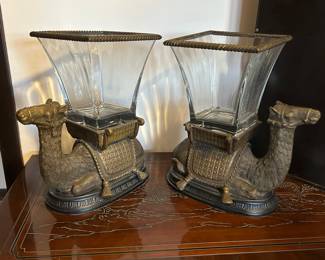 PAIR Castillion Imports, Cast Iron Camel w/Flared Square Leaded Glass Vase, 12" x 15" x 8", $175