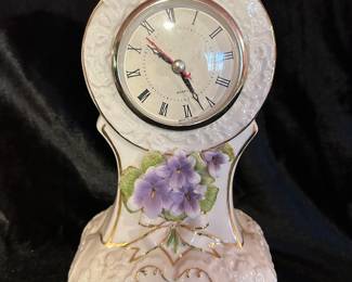 White porcelain purple floral painted table clock, 6"W x 12"H, was $65, NOW $38