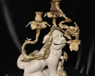 Additional view White Ceramic / Gold Gilt Foo Dog Candelabra ~