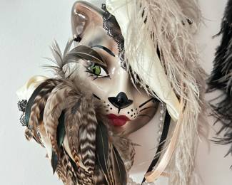Cat Lady Face Mask with White plume and striped feathers, was $58, NOW $44