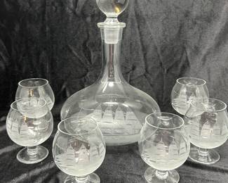 Tuscany Etched Crystal Nautical Decanter and Set 6 Brandy Glasses, was $98, NOW $58