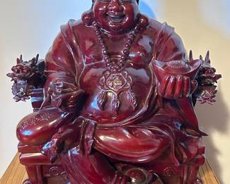 Chinese Laughing Buddha sitting on dragon chair - wealth, happy, luck statue, 17"W x 18"H x15"D, was $115, NOW $65