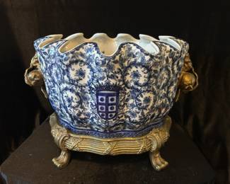 Beautiful Scalloped Blue & White flowerpot on Brass Footed Base, 20"W x 12"H x 13"D, was $375, NOW $275