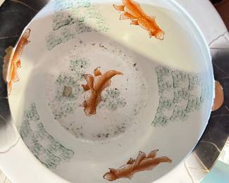 Inside view of Orange, Black, Gold, White Koi Bowl planter ~