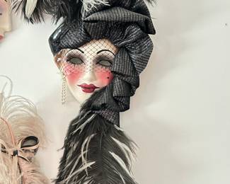 Vintage Ceramic Lady Face Mask with Black & White Feathers/black net veil/pearl earring, was $38, NOW $28
