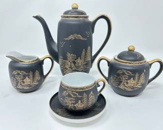 Andrea by Sadek Vintage Black and 24K Lithopane Geisha Tea Set: Teapot, Cream & Sugar, (6) Cups and Saucers, was $90, NOW $55
