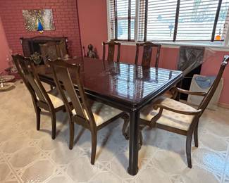 Drexel Heritage Ming Treasures Mahogany Carved Chinoiserie Dining Table (4) Chairs (2) Arm Chairs, Pads and 18" Leaf, 76" x 30" x 45"W, was $995, NOW $775