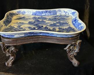 Maitland Smith Blue & White Porcelain Tray on heavy Metal Stand, 15"W x 7"H x 12"D, was $125, NOW $88