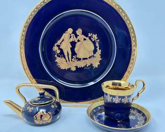 Limoges Malbec(France) Cobalt Blue and Gold, 22K Trim "The Proposal" Tea Pot, plate and Cup & Saucer, was $75, NOW $45