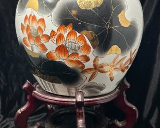 Vtg Orange, Black, Gold, White Koi Bowl planter w/ stand, 12"H (planter), was $110, NOW $85