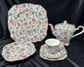 Royal Winton, "Old Cottage" Floral Chintz Dish set (England) - tea pot, 4 Dinner plates, 4 Salad, 4 dessert, 4 saucer, 2 teacups, was $125, NOW $75