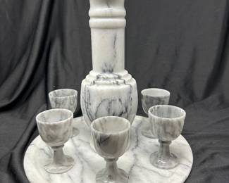 Vintage Gray Marble Decanter, marble tray w/5 goblets (1 goblet has small chip on rim), 2 Sets Available, 12"H, $55 each set