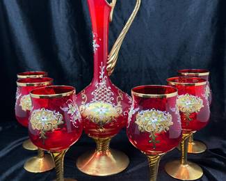 Fuochi Italian Murano decanter, 6 wine goblets, was $425, NOW $225