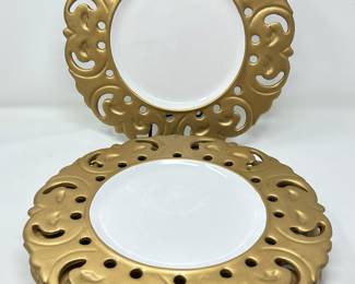 Four (4) Vintage GOLD Vestal Alcobaca Portugal 1465 Hand Painted Decorative Charger Plates, was $58, NOW $34
