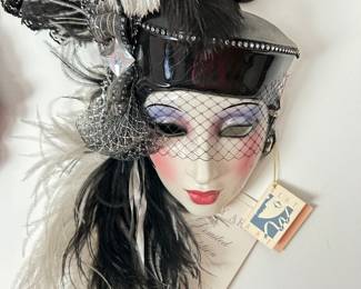 Clay Art Vintage Lady Face Mask with Black Pillbox Hat with Black & White Feathers, was $38, NOW $28