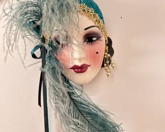 Vintage Ceramic Lady Face with Aqua Plume & Hat/pearl earring, was $35, NOW $25