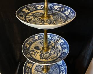 Blue / White Dish Three-Tier serving stand, 13" x 31"H, $ 99