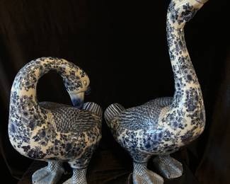 PAIR of Ceramic Blue & White Geese, 14"H and 21"H, $295