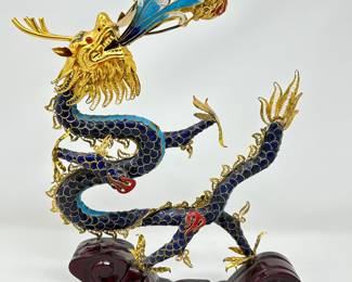 Cloisonne Enamel Dragon Figurine, Enamel and Gold Plated, 10"W x 13"H, $125