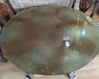 Beautiful eglomise(brown/gold/green) aged round pedestal dining table with 4 chairs( see next picture), was $3100 including chairs, NOW $2600