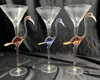 Set of 3, Vintage Murano Pink Flamingo Hand Blown Martini Glasses, $95