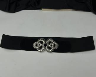 Black elastic belt with silver twisted design belt buckle, $15