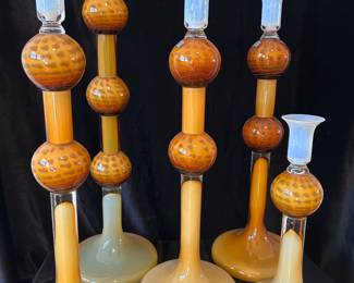 Waterford Evolution Art Glass Amber Ocelot Candle Sticks: One (1) 6x20, was $90, NOW $65. Three (3), 6 x 18, was $70 each, NOW $48 each. One (1) 6 x 12, was $50, NOW $40