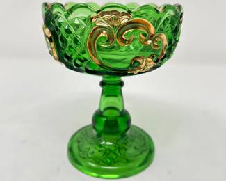 Riverside Glass Green Gold Croesus pattern compote, 4.5"H, $20