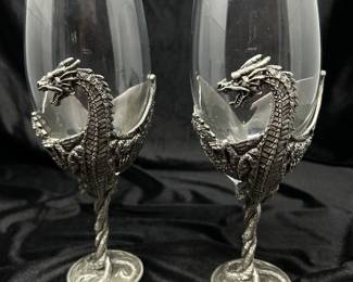 PAIR of Myths & Legends Veronese Pewter Glass Dragon Wine Glasses, was $60 pair, $38 pair