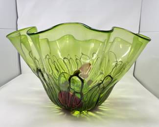 Large Murano Blown Freeform Green Art Glass Centerpiece Bowl, approx 20"D x 15"H, was $225, NOW $145