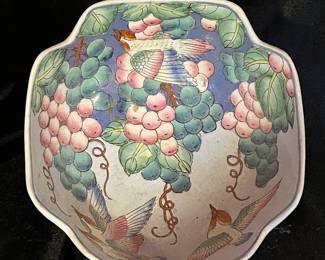 Additional view of Vintage Chinese Porcelain Bowl features Bird, Berry and Vine Detail~