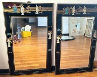 Black Lacquer Chinoiserie Mirrors, 10"W x 27"H, Two (2) Available, was $145 each, NOW $85 each