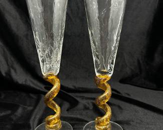 Pair of Union Street Vintage Gold Swirl Stem Base Flutes, $58