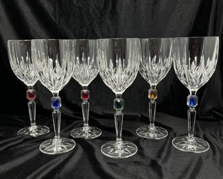Set of 6 wine glasses with color gem stone in stem, $24