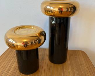 Jaru Postmodern Black & Gold Ceramic Candle Holders, 7x7"H and 7x11"H, $225 pair