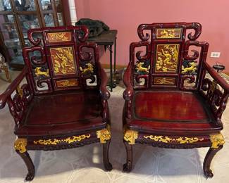 Pair of Chinese Hand Carved Rosewood Chairs, Gold Accents Chairs, 26"W x 40"H x24"D, was $1595, NOW $895