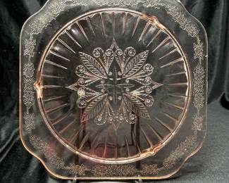 J. Adam Pink Depression Glass Square 3-Footed Beautiful Cake Plate, 10", was $16, NOW $12