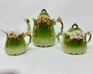 Green and gold vintage 7"H Teapot Cream & Sugar, was $75, NOW $35
