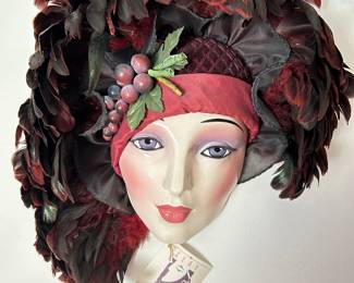 Vintage Clay Art Lady Face with grapes and Black Feathers, was $38, NOW $28