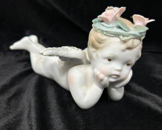 Vintage Ceramic Angel laying down w roses crown 8", was $10, NOW $5