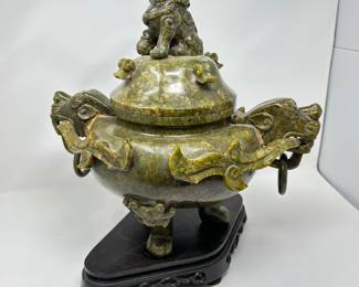 Vtg Chinese green stone Double handle Foo Dog Dragon lidded Incense Burner, 16" W x 16"H x 11"D, was $225, NOW $175