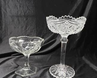 Short compote , 4.5"H, was $10, NOW $5. Compote Long Stemmed 8.5"H sawtooth edges, was $24, NOW $14