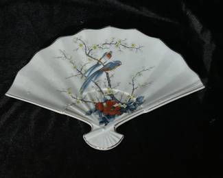Vintage white porcelain dish JAY Fine China fan shaped with floral/bird design, 10"W, was $14, NOW $10