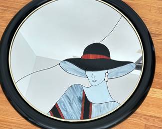 Retro 1980's Art Deco Black Lacquer Lady Mirror attributes to David Marshall, 42"D, was $150, NOW $95