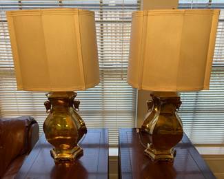 Brass Lamps w/Pleated Cloth Shades: Marbro Lamp Co