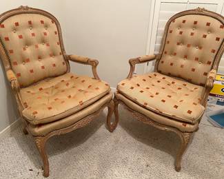 Pair of Mid-20th Century, Louis XV Style Carved Oak & Upholstered Armchairs by Schoonbeck of Grand Rapids