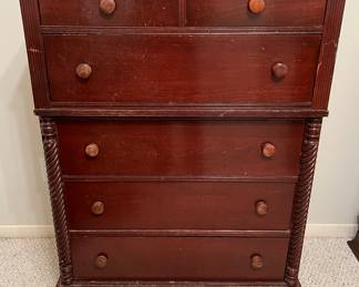 American Federal Revival Dresser Marked ""Cherry Styled by Park": Rectangular tallboy chest of six drawers with half cut applied barley twist columns along the outer stiles. Made from solid cherry / 20" x 33" x 47.5"h